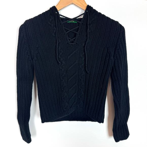 MADE IN ITALY OF BENETTON Pullover Hoodie Cropped Sweater Size Small Black - Picture 1 of 6